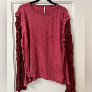 Pink/Red Free People Boho Top with Lace Sleeves